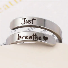 Silver Spiral Heart Ring – Stainless Steel 'Just Breathe' Love Heart Personality Ring for Women & Men