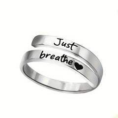 Silver Spiral Heart Ring – Stainless Steel 'Just Breathe' Love Heart Personality Ring for Women & Men