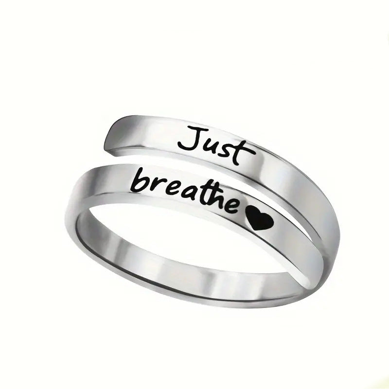 Silver Spiral Heart Ring – Stainless Steel 'Just Breathe' Love Heart Personality Ring for Women & Men
